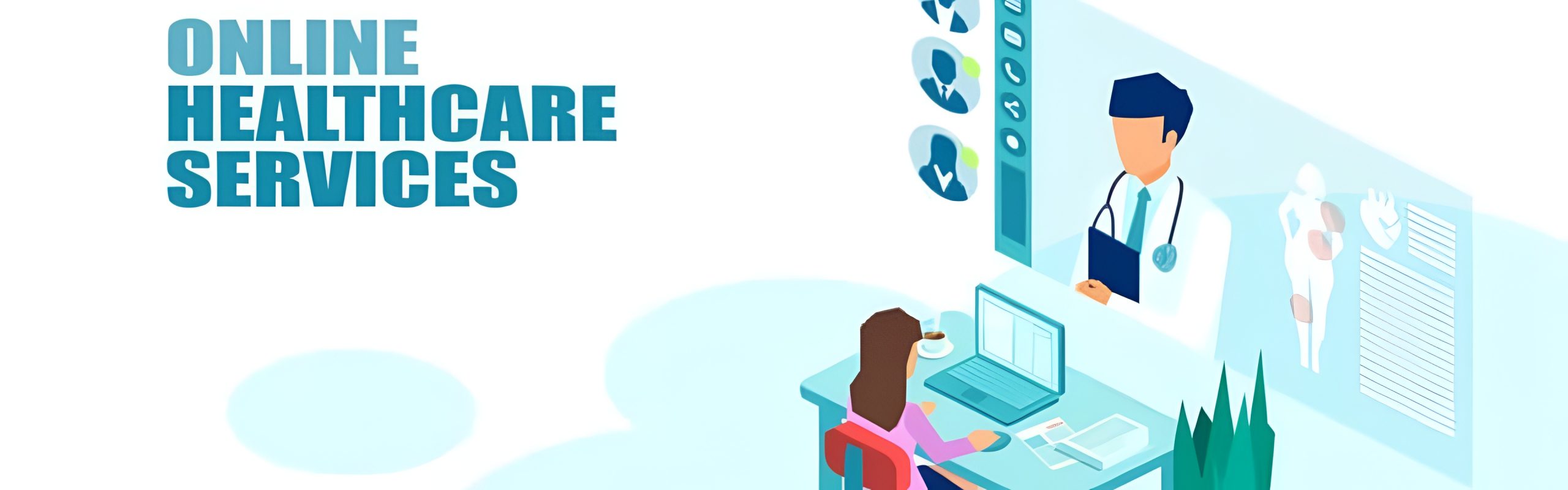 Online healthcare services interface displaying virtual consultations and medical resources for patients