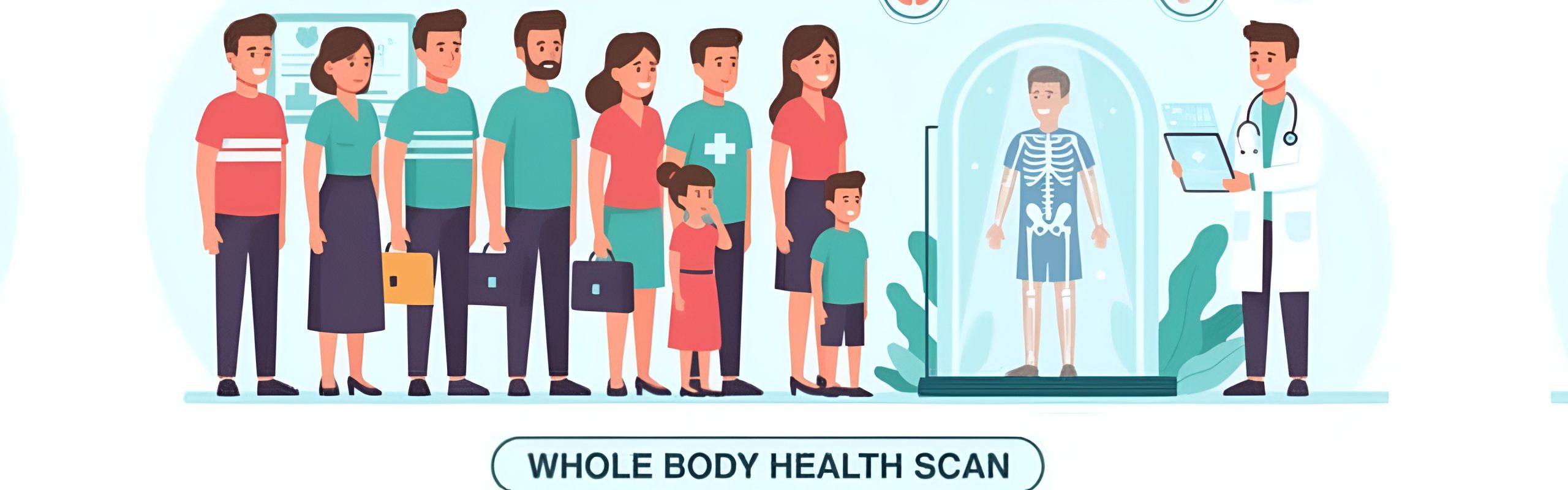 Cartoon illustration of diverse people standing in front of a large scanner, engaging with the scanning process